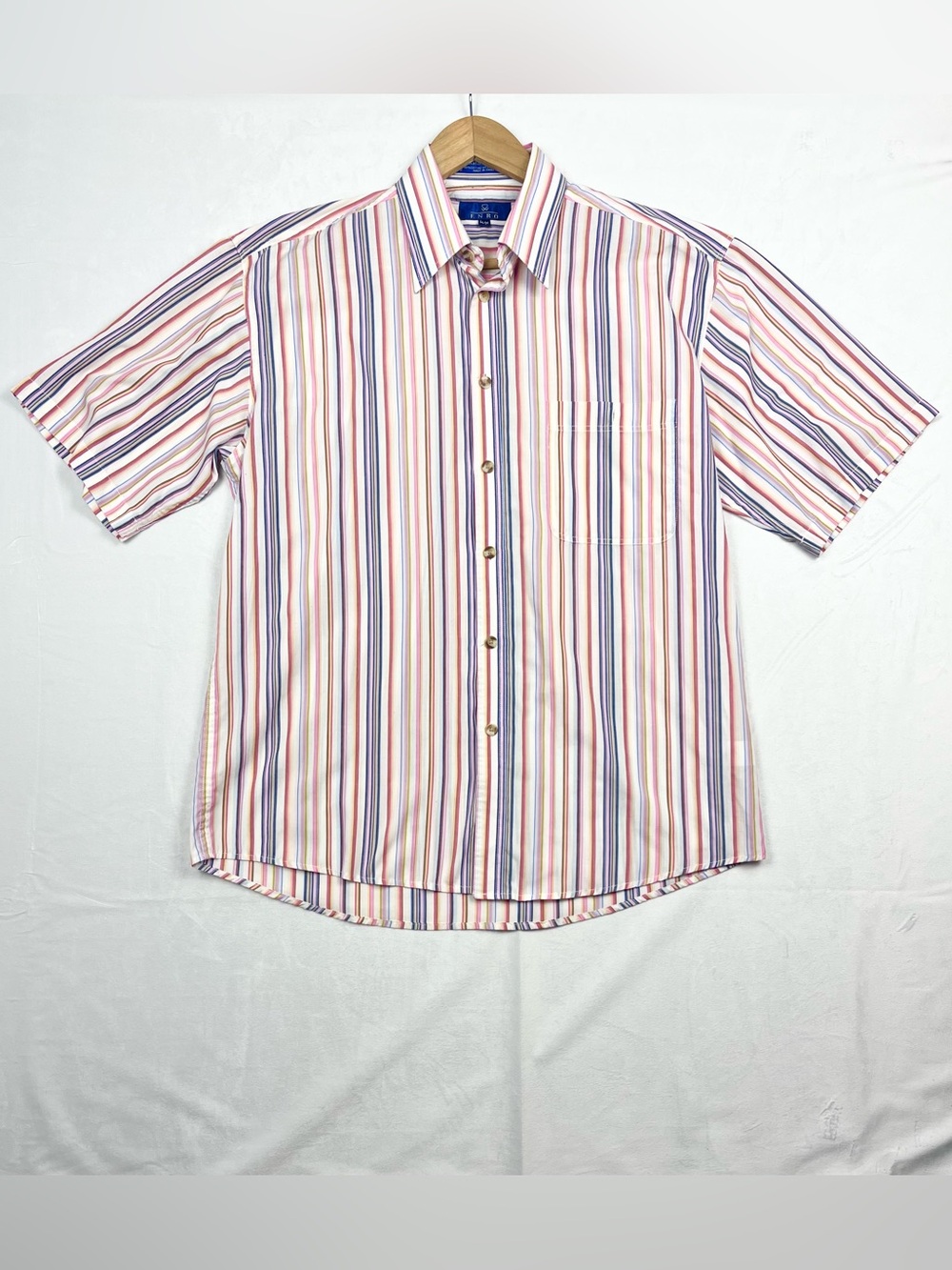ENRO Pastel Multi-Stripe Short Sleeve Button-Up Shirt Size Medium